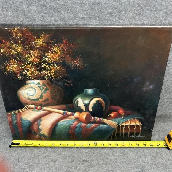 Vtg Southwestern Still Life Painting K. Hoskin Native American Pottery Blanket - Picture 3 of 11